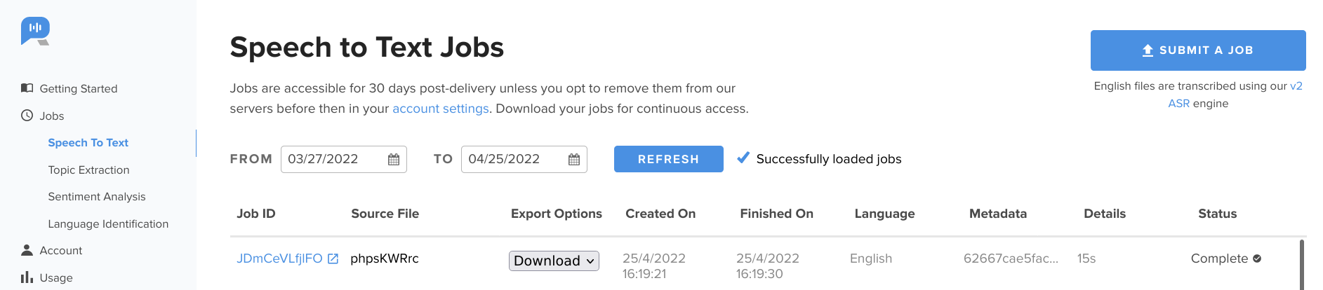 Job in Rev AI dashboard